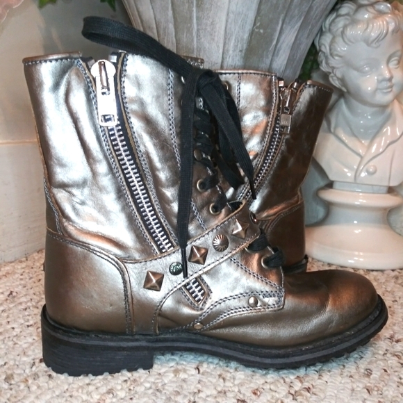 ASH Ryhanna Silver & Rhinestone Studded Distressed Pewter Leather Combat Boots - Picture 7 of 11